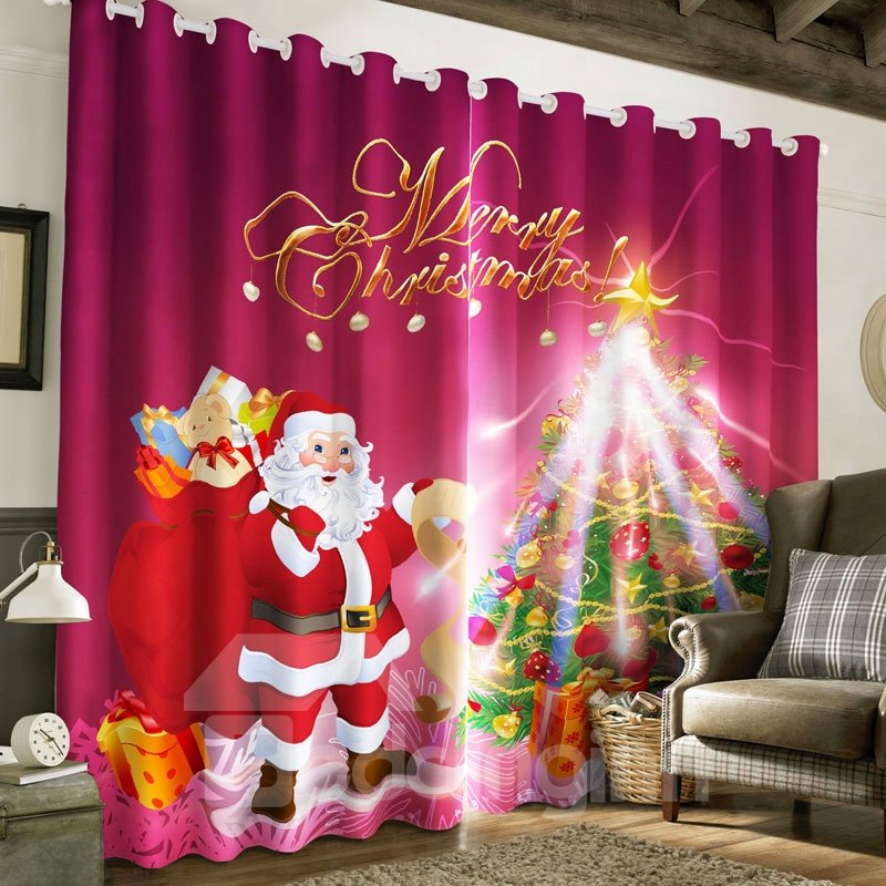 3D Santa Claus and Christmas Tree Printed 2 Panels Custom Window Drape