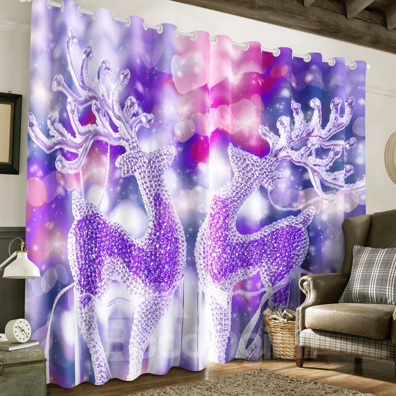 3D Dreamy Purple Crystal Deer Printed Christmas Day Custom Living Room Curtain