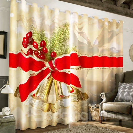 3D Fresh Cherries and Bow Printed Christmas Theme Custom Curtain for Living Room