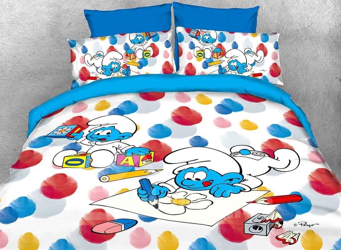 Baby Schlumpf malt Blumen und Bausteine, 4-teiliges Bettwäsche-Set/Bettbezüge