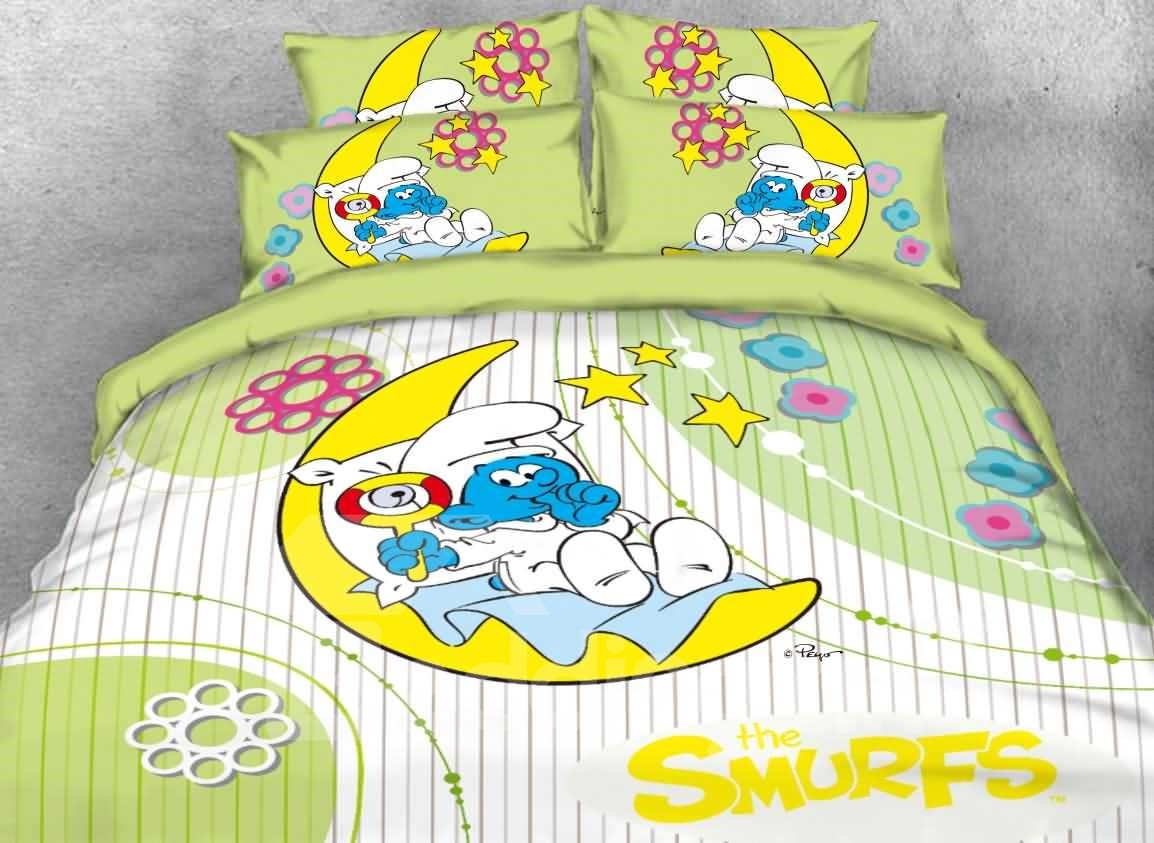 Baby Smurf with Moon Yellow Stars Printed 4-Piece Bedding Sets/Duvet Covers