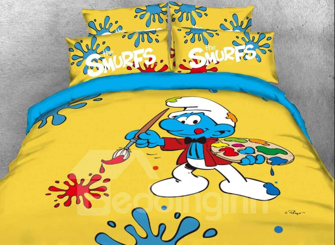 Painter Smurf Printed 4-Piece Yellow Bedding Sets/Duvet Covers