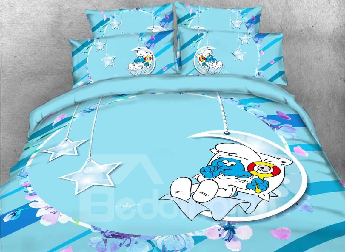 Baby Smurf with Moon Stars Printed 4-Piece Blue Bedding Sets/Duvet Covers
