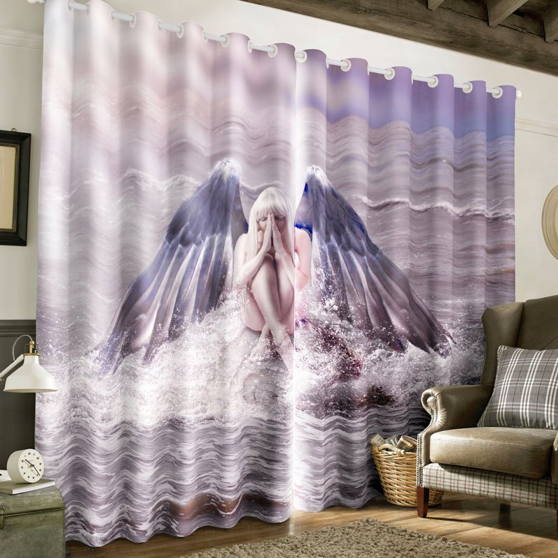 Cortina de ventana personalizada con 2 paneles de poliéster impreso con alas de ángel encantador en 3D