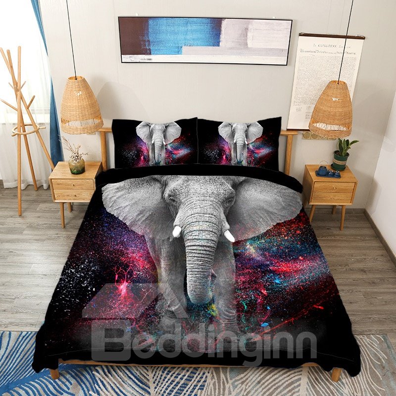 Juego de funda nórdica con estampado de animales en 3D, juego de cama de 4 piezas, color negro, elefante y galaxia 