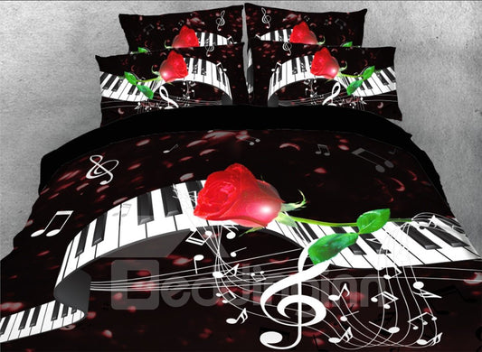 Tanzende Klaviertastaturen und rote Rose, 4-teiliges 3D-Bettwäsche-Set/Bettbezug-Set, Schwarz 
