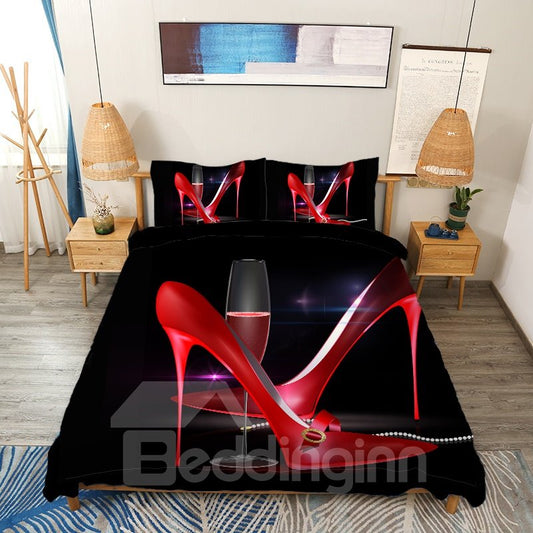 3D-4-teiliges Bettbezug-Set, sexy rote spitze High Heels und Weinglaskelch, weiche, hochwertige Mikrofaser-Bettwäsche-Sets, ultraweicher Bettbezug mit Reißverschluss und Eckbändern, schwarz 
