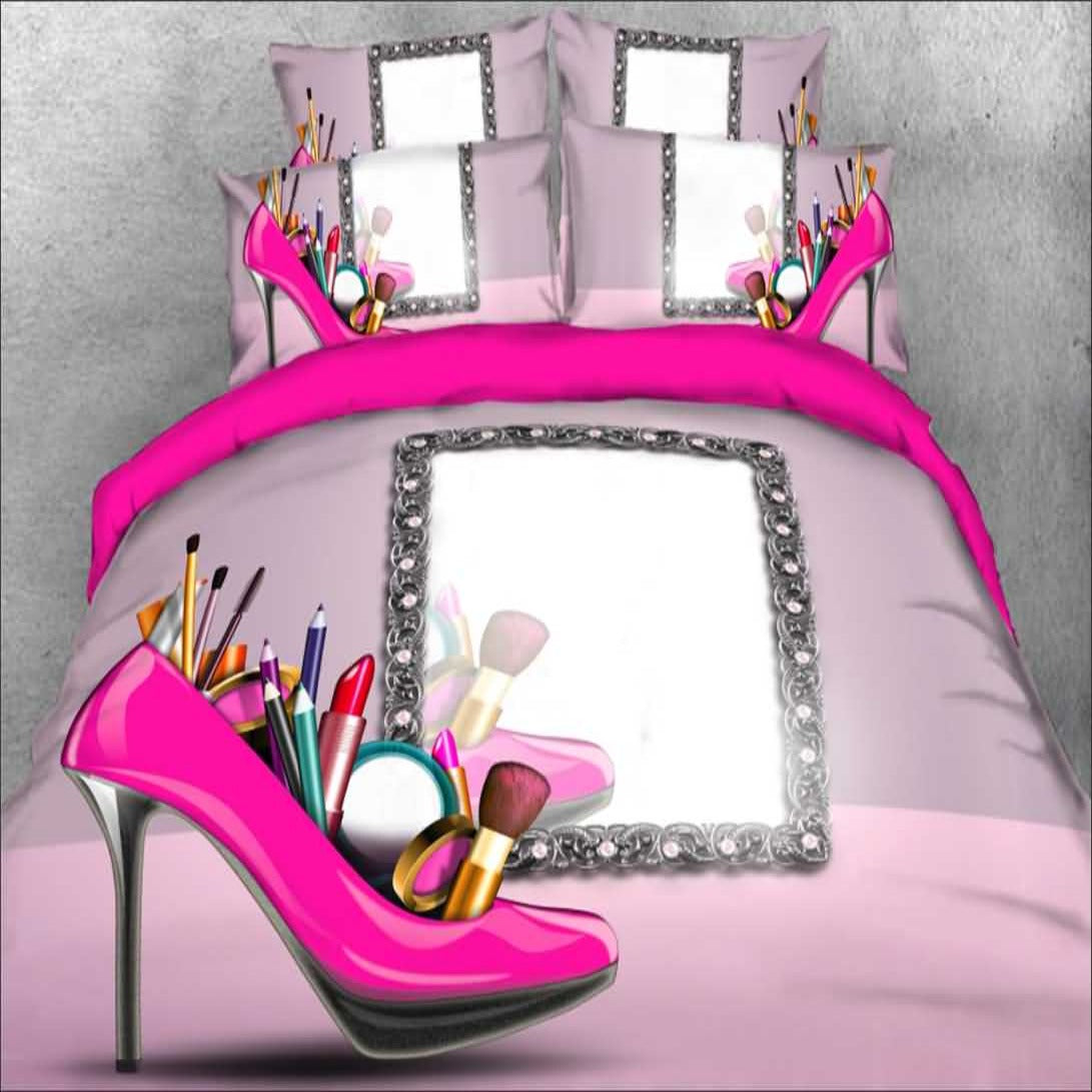Rosa High Heel und Make-up-Tools 3D-gedrucktes 4-teiliges Bettbezug-Set/Bettwäsche-Set, lichtbeständige Mikrofaser 