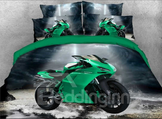 Vivilinen 3D Green Sports Motorcycle Racing in Stormy Night 4-teilige Bettwäsche-Sets/Bettbezüge