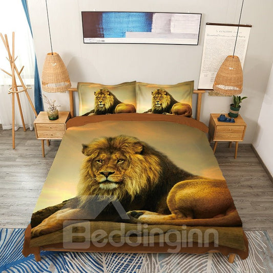 Ein Löwe liegt auf dem Bauch auf einem Felsen. 3D-4-teilige Bettwäsche-Sets/Bettbezüge 
