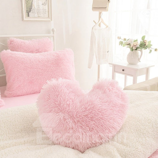 New 4Pcs Warm Zipper Microfiber Bedding & Plush Fluffy Throw Pillows Sets Pink Heart Shape Sweet Home Collection