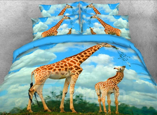 Juego de cama/funda nórdica con estampado animal de 4 piezas en 3D con estampado de madre y becerro de jirafa, cielo azul 