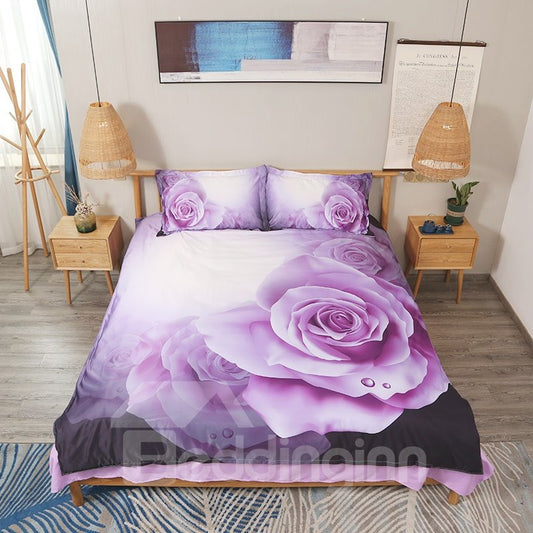 Dewy Purple Roses Bedrucktes 4-teiliges 3D-Blumen-Bettwäsche-/Bettbezug-Set 