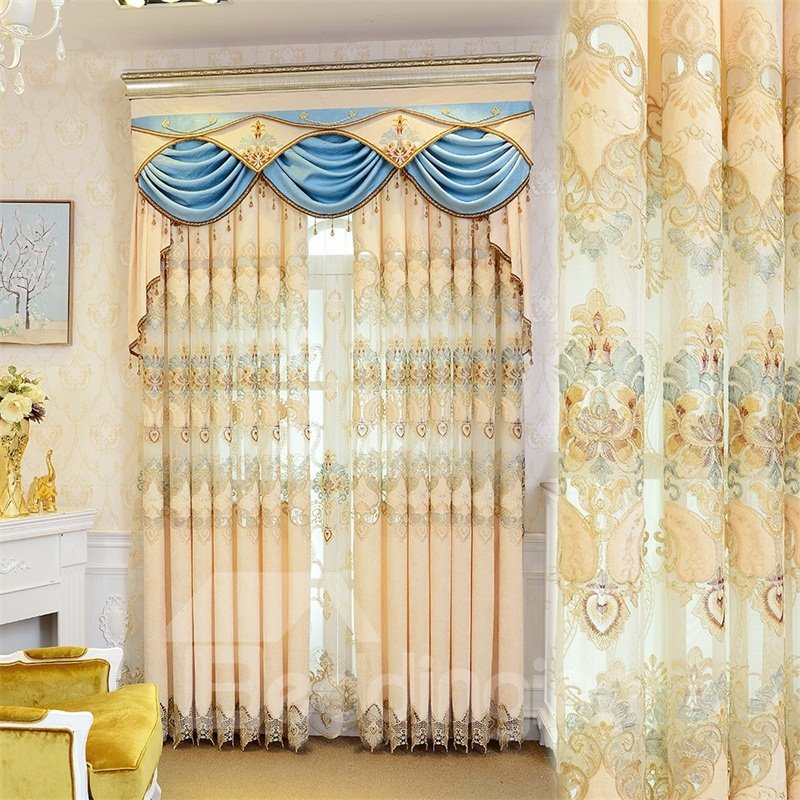 Cortina transparente personalizada de color beige con flores bordadas de lujo y lujo para sala de estar