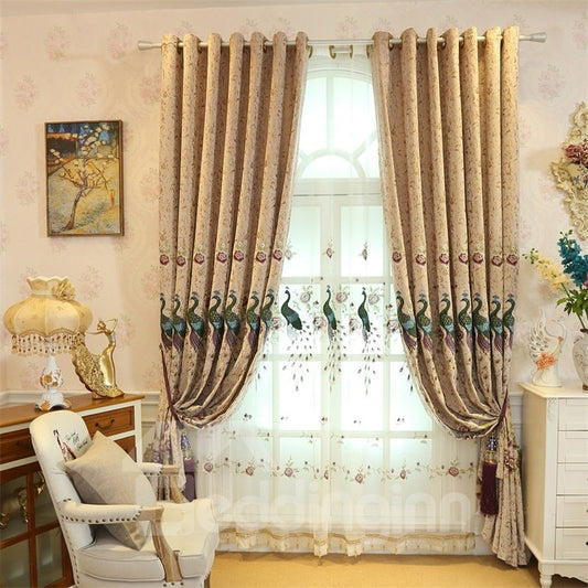 Cortina transparente bordada elegante y moderna para sala de estar con 2 paneles de pavos reales