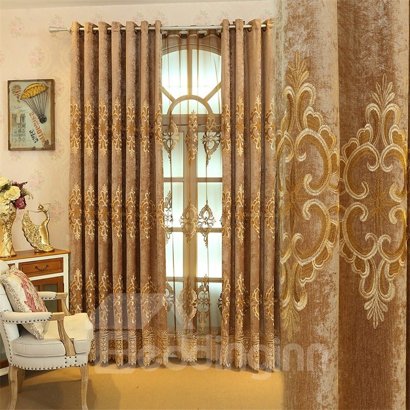 Elegant and Concise European Style 2 Panels Embroidered Flowers Grommet Top Curtain