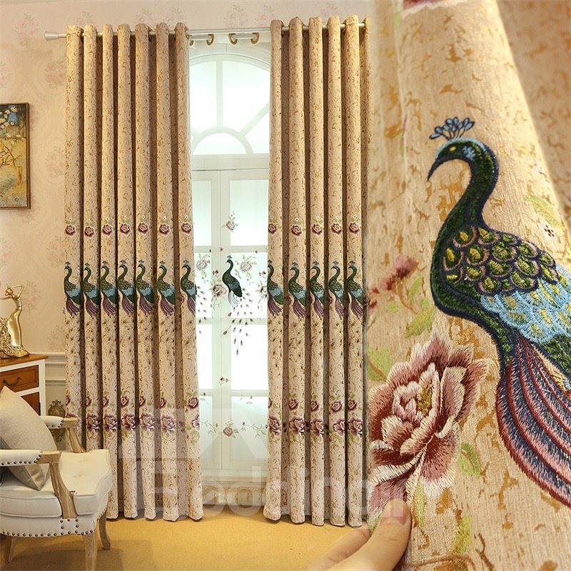 Elegant and Modern Embroidered Peacocks 2 Panels Living Room Grommet Top Curtain