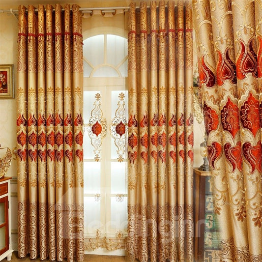 Noble y elegante cortina superior con ojales de flores doradas y rojas bordadas de chenilla gruesa