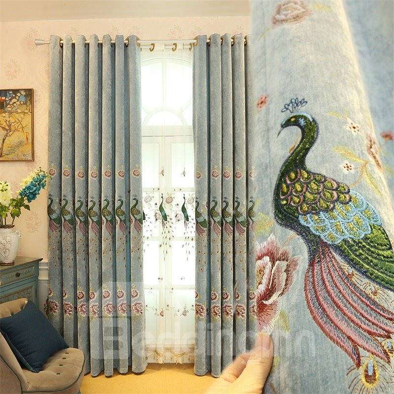 Creative Light Green Embroidered Peacocks 2 Panels Custom Living Room Curtain
