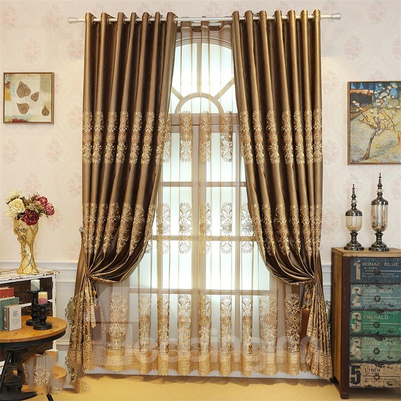 Cortina transparente personalizada de chenilla bordada de estilo conciso retro para sala de estar