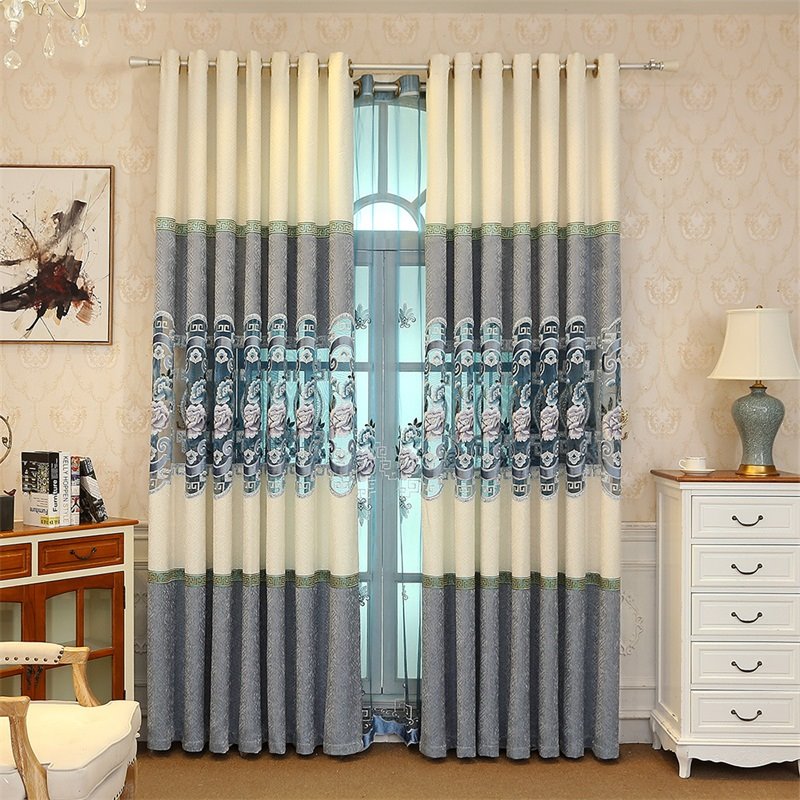 Cortina de sala de estar con diseño ahuecado, flores bordadas en azul claro, elegante y acogedor