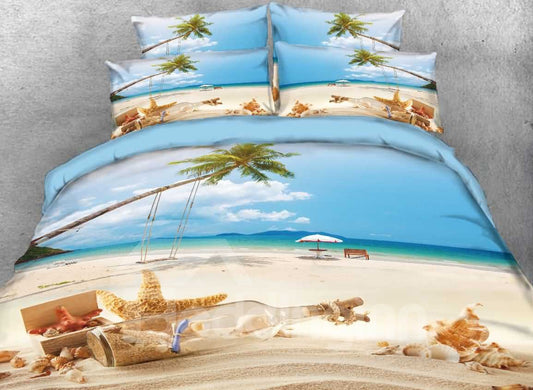 5-teiliges Bettdeckenset im Strandstil mit 3D-Seestern und Treibflasche, bedruckt, blaues Landschaftsbettwäscheset 