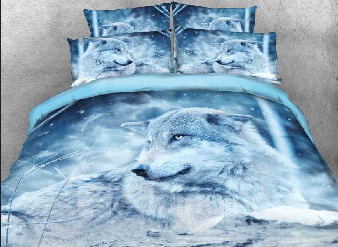3D-Wolf in der Wildnis bedrucktes 5-teiliges Bettdecken-Set/Bettwäsche-Set, maschinenwaschbar, weiches, leichtes, warmes Polyester