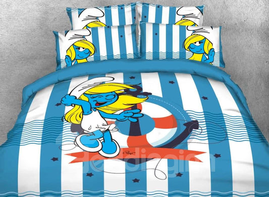 Smurfette with Anchor Striped Nautical Style Twin 3-Piece Kids Bedding Sets