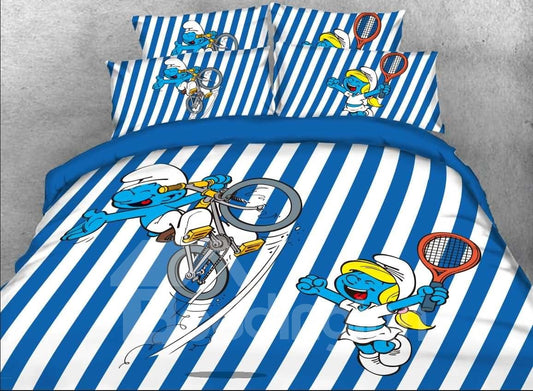 Juego de cama para niños de 3 piezas con diseño de pitufo ciclista, rayas azules y blancas