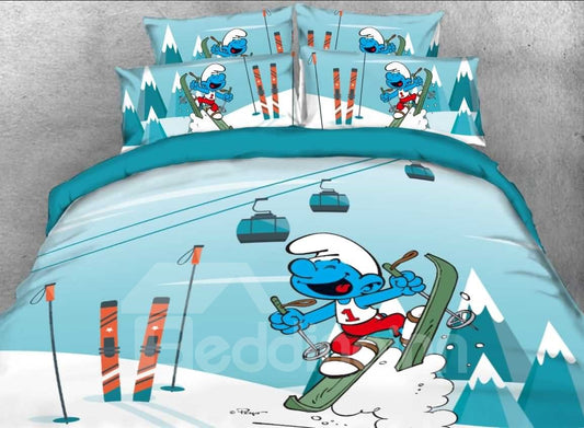 Laughing Smurf Skiing Blue Twin 3-teiliges Kinderbettwäsche-Set/Bettbezüge