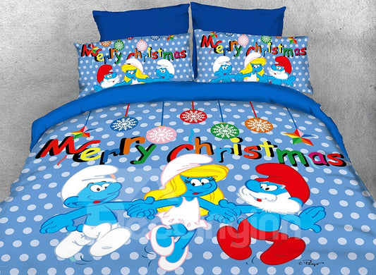 Feliz Navidad con los juegos de cama azules para niños de 3 piezas Twin de los Pitufos