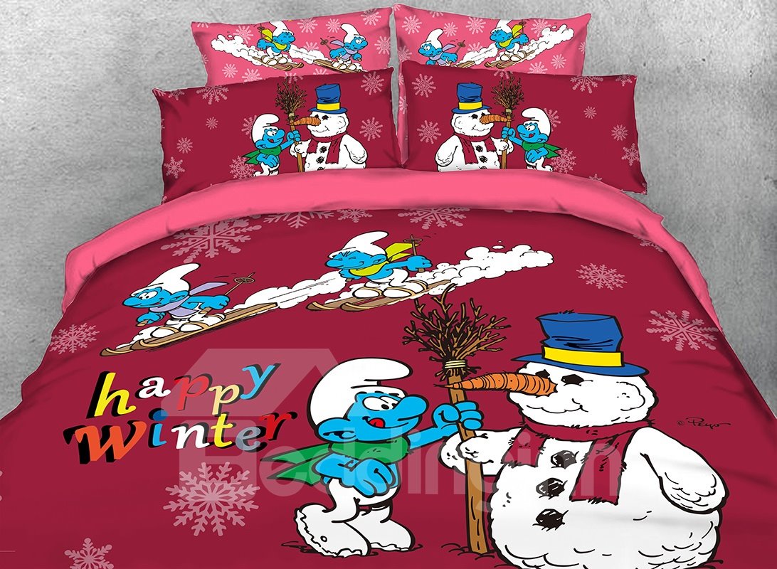 Smurfs Skiing and Christmas Snowman Printed Twin 3-Piece Kids Red Bedding Sets