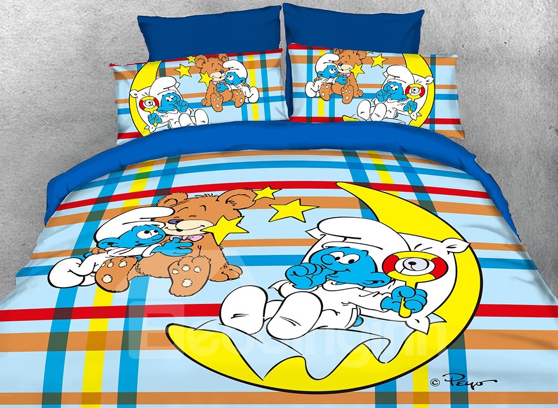 Juego de cama para niños de 3 piezas con estampado de cuadros de Pitufo bebé con luna