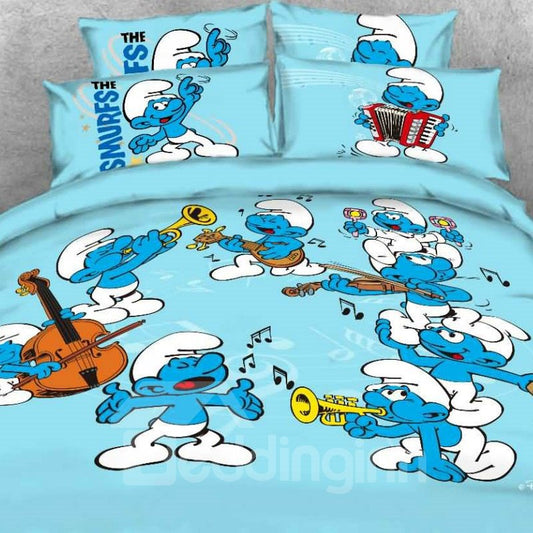 Pitufo armonioso con notas musicales, juegos de cama azules para niños de 3 piezas con estampado doble
