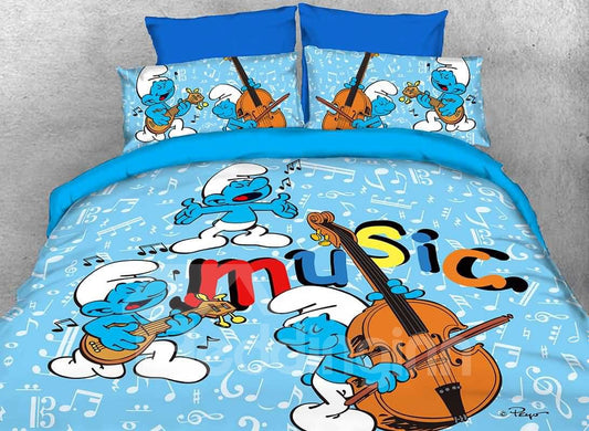 Juego de cama azul para niños de 3 piezas con estampado de concierto musical de los Pitufos Harmony