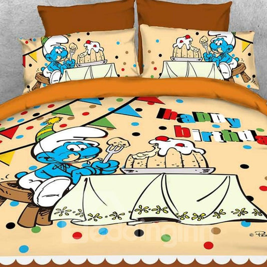 Alles Gute zum Geburtstag Greedy Smurf Bedruckte Twin 3-teilige Kinderbettwäsche-Sets/Bettbezüge