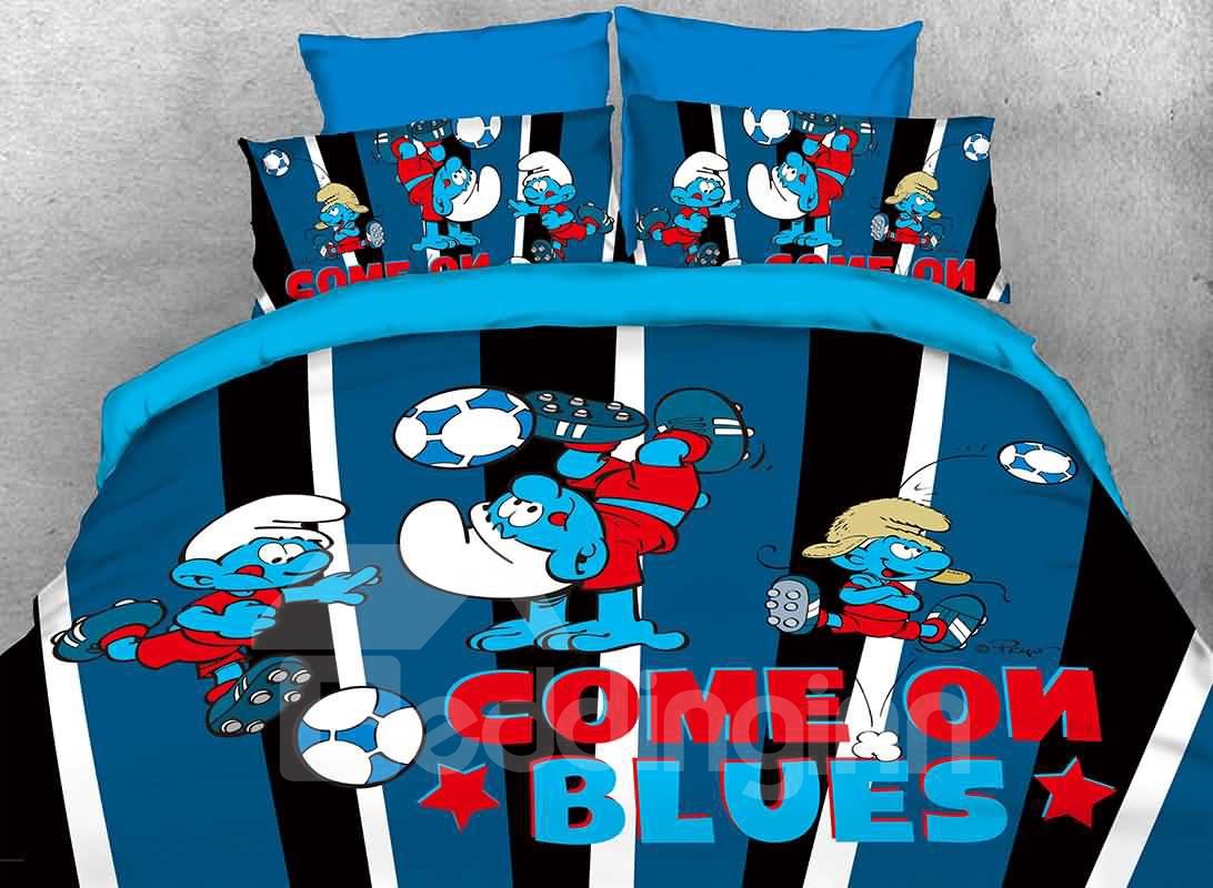 Come on Blues Soccer Smurfs Bedruckte zweiteilige 3-teilige Kinderbettwäsche-Sets/Bettbezüge