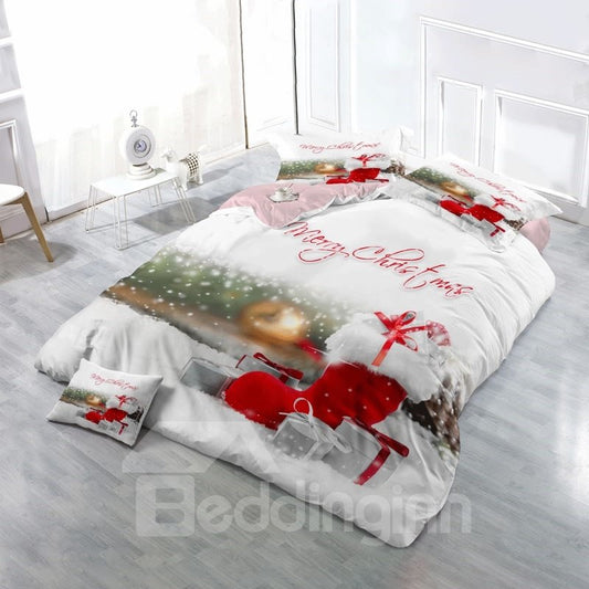 Red Christmas Socks and Christmas Presents Wear-resistant Breathable High Quality 60s Cotton 4-Piece 3D Bedding Sets