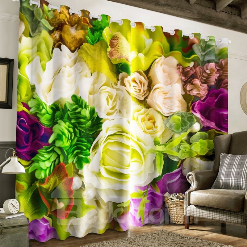 3D White Roses Red Flowers Printed Pastoral Style Living Room Window Curtain