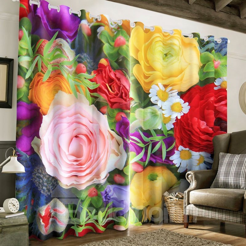 Tapa con ojales de 2 paneles estilo pastoral con estampado de rosas coloridas en 3D para sala de estar