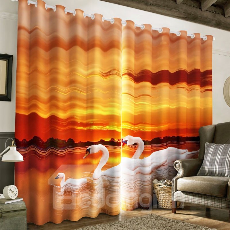 3D-Vorhang „Goldener Sonnenuntergang und weiße Gänsefamilie“, bedruckt, 2 Bahnen, Ösen oben