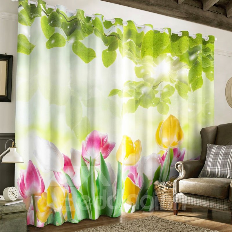 Pink and Yellow Magnolias Printed Pastoral Style 2 Panels Custom Living Room Curtain