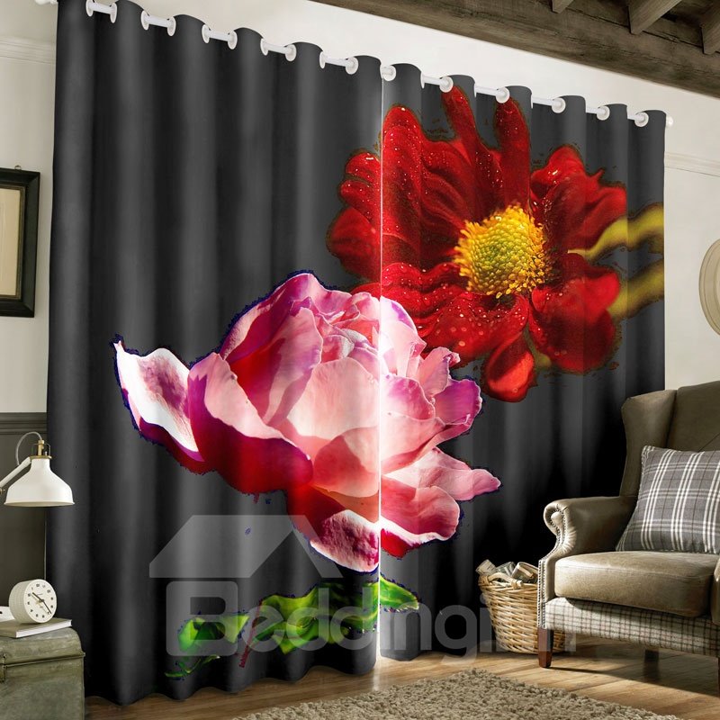 3D Creative Black with Red Roses Printed 2 Panels Custom Window Curtain