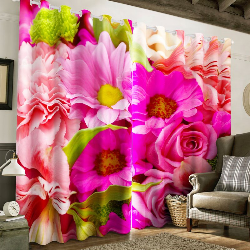 Cortina superior con ojales de 2 paneles con estampado de flores rosadas vívidas en 3D para sala de estar