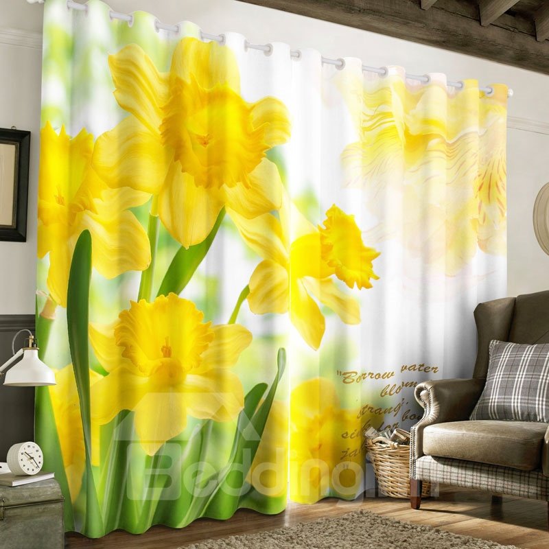 3D Yellow Flowers Printed Pastoral Style Polyester Custom Living Room Curtain