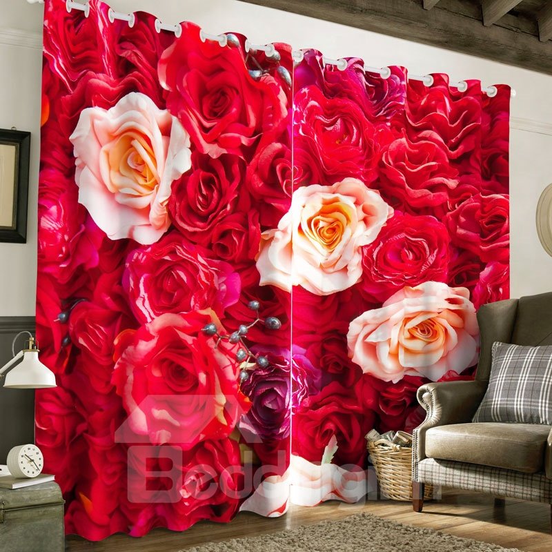 Cortina de ventana personalizada con estampado de rosas rojas románticas en 3D, 2 paneles, con ojales