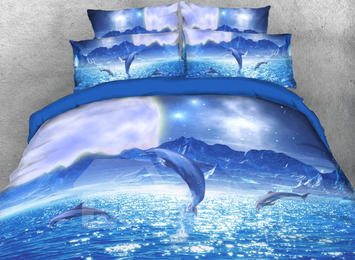 Juego de cama de 4 piezas 3D con delfines saltadores y cielo estrellado, juego de funda nórdica de mar azul