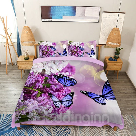 Lila Flieder und Schmetterlinge, 3D-Blumenmuster, 4-teilige Bettwäsche-Sets/Bettbezüge 
