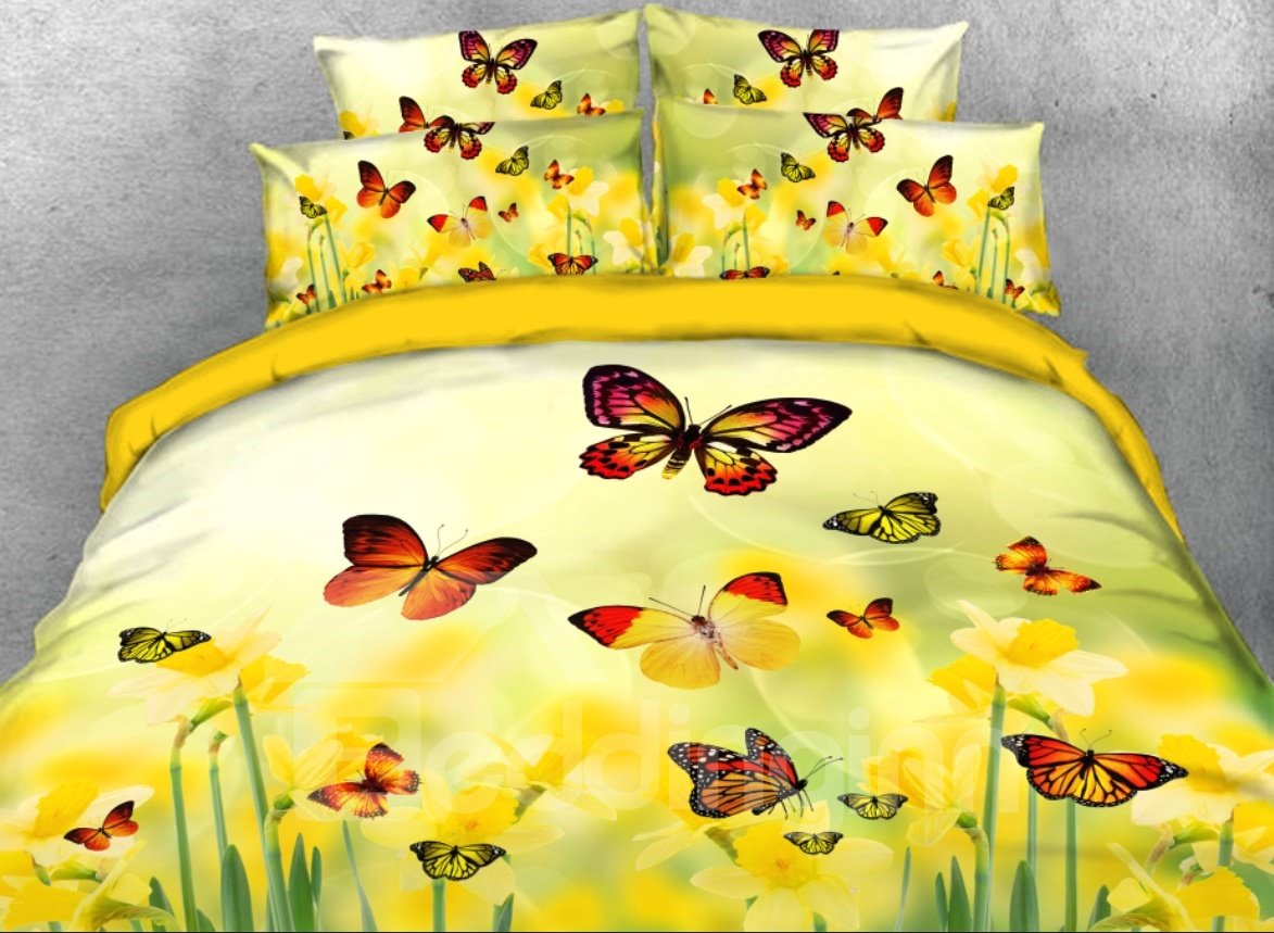 Bedruckte 4-teilige 3D-Bettwäsche-Sets/Bettbezüge mit Schmetterlingen und gelben Blumen 