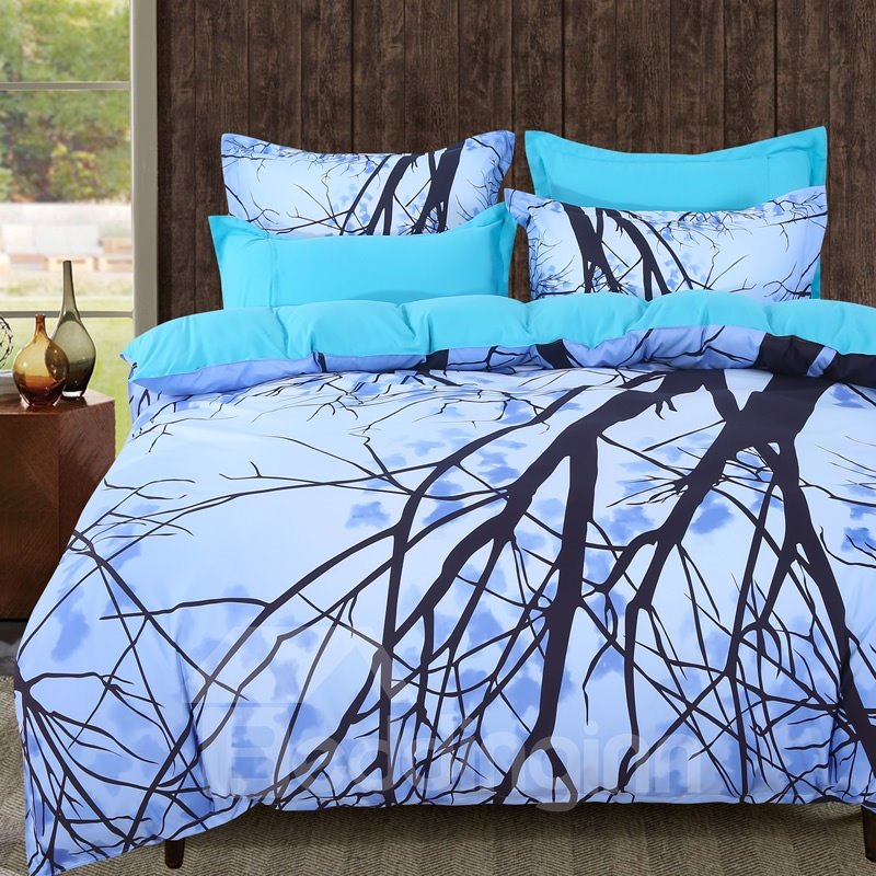 Adorila 60S Brocade Dreamy Light Blue Ramas de árboles marchitos Juegos de cama de algodón de 4 piezas 
